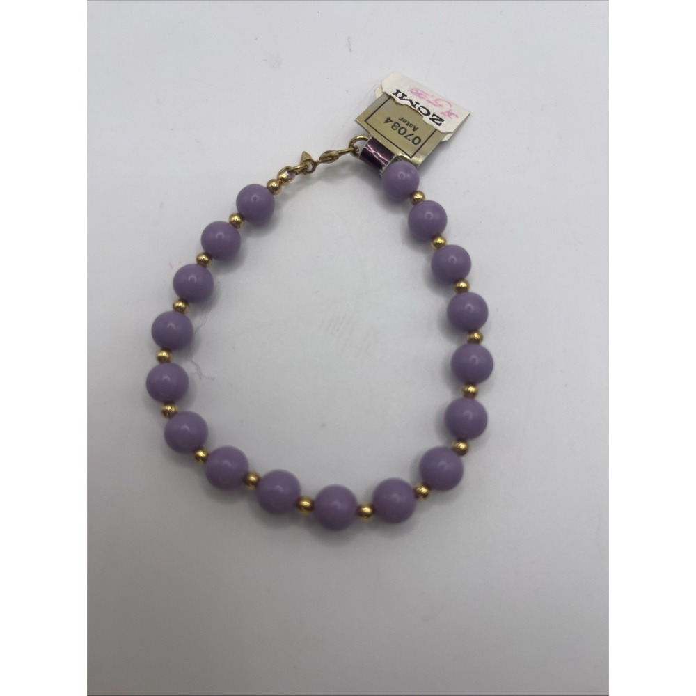 Vintage Monet Gold‎ Tone Purple Lilac 9.7mm Ball Bead 7.5" Bracelet, NWT